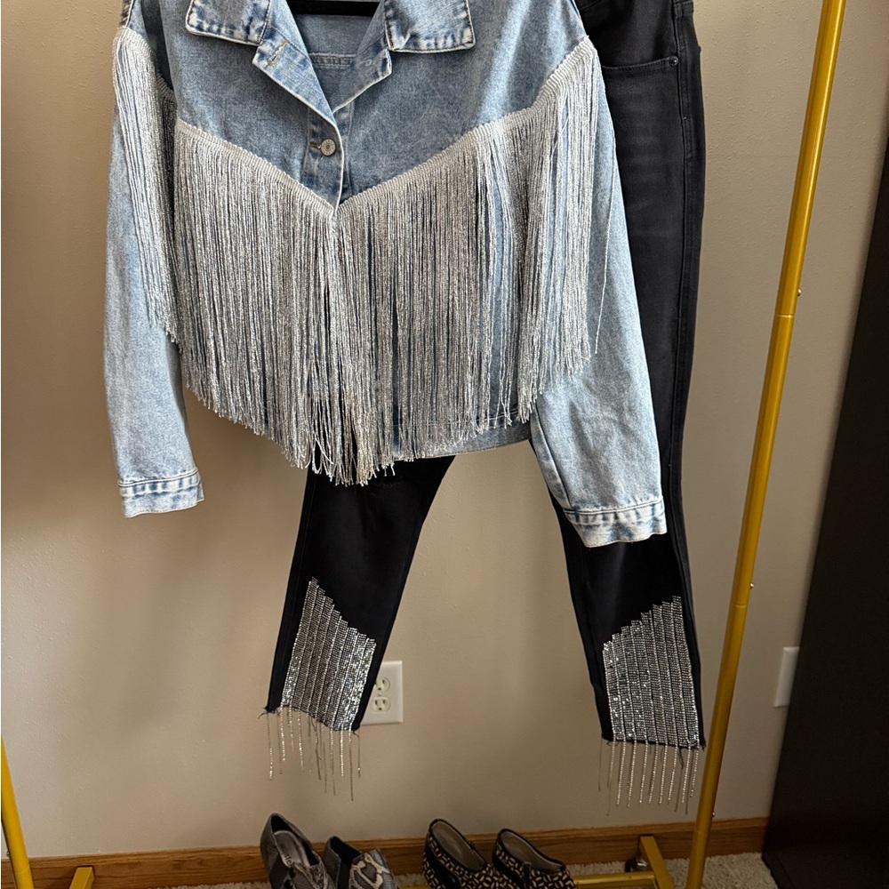 AKIRA Black Rhinestone Fringe Skinny Jeans High Rise Distressed W28 - Picture 10 of 15